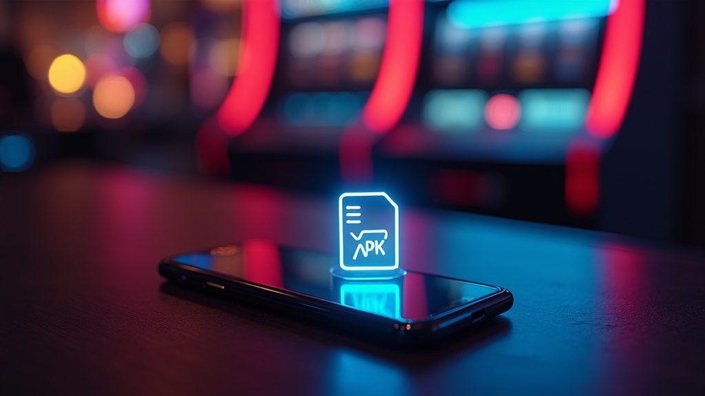 Telefon z ikoną pliku APK na tle neonowego kasyna
