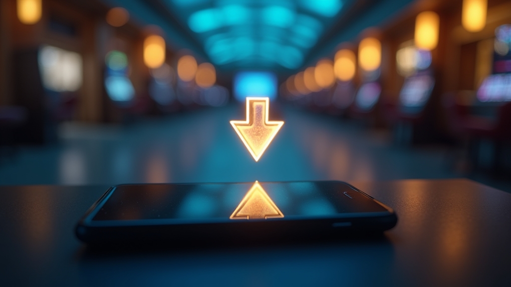 Smartfon z ikoną pobierania aplikacji w neonowym otoczeniu kasyna