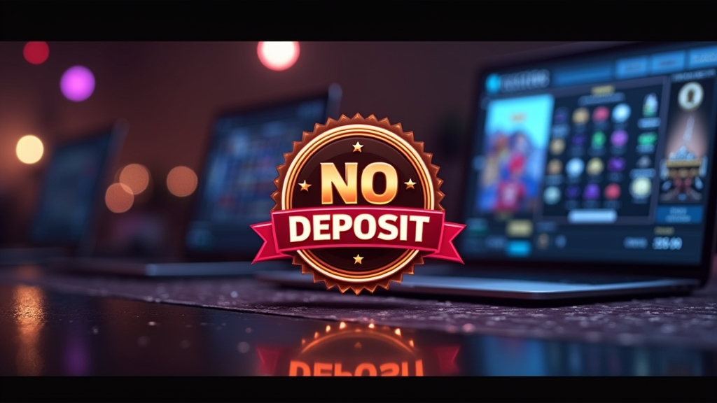 Neonowy bonus bez depozytu na tle ciemnego kasyna i automatów